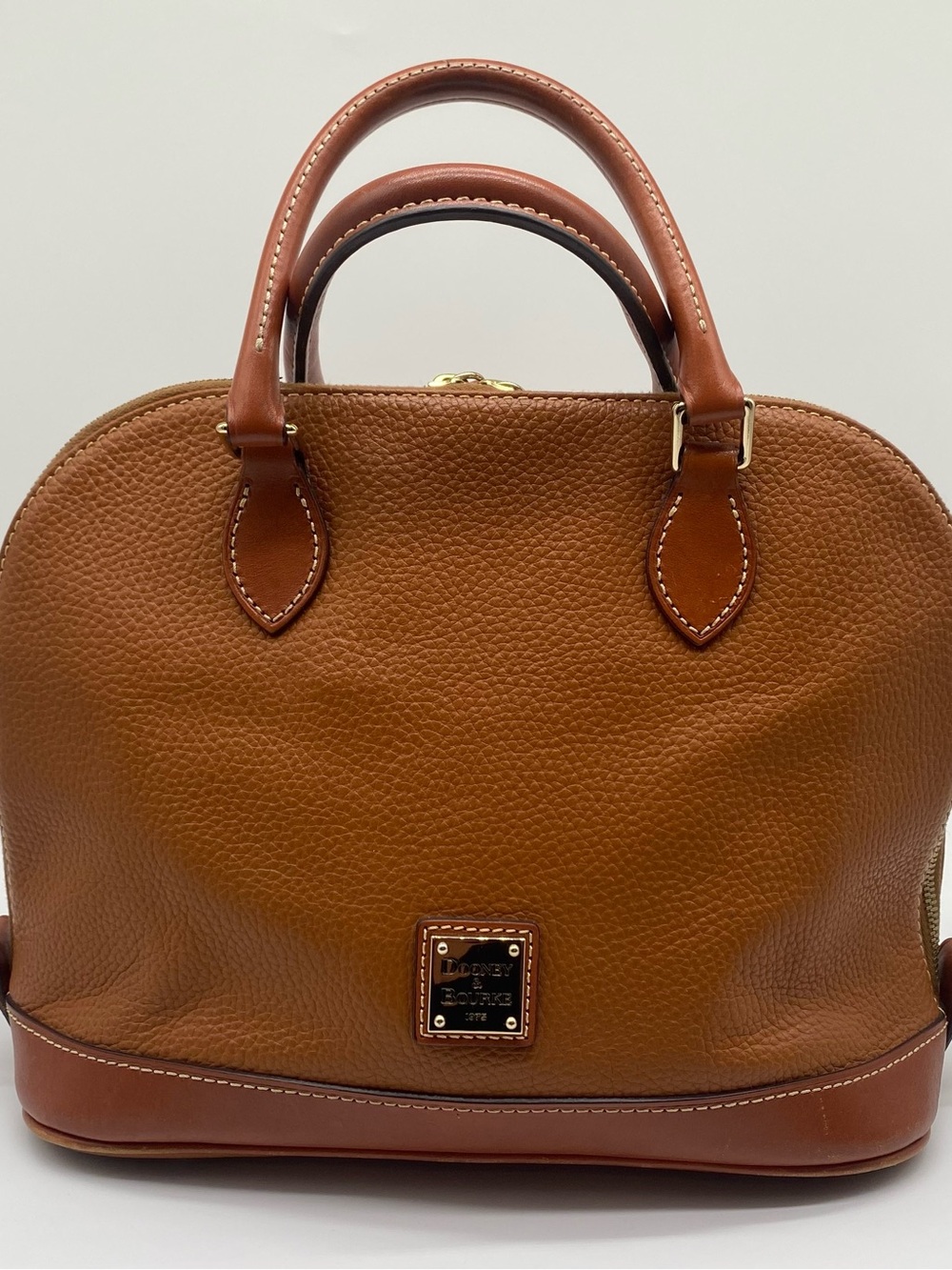 Dooney & Bourke Brown Pebble Leather Satchel with Tan Trim